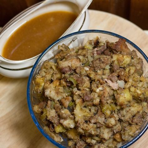 Turkey Stuffing and gravy. Easy to follow instructions with pictures. Stuffing Gravy, Natasha Kitchen, Comforting Casseroles, Turkey Stuffing Recipes, Perfect Roast Turkey, Holidays Recipes, Thanksgiving Dressing, Homemade Stuffing, Potluck Dinner