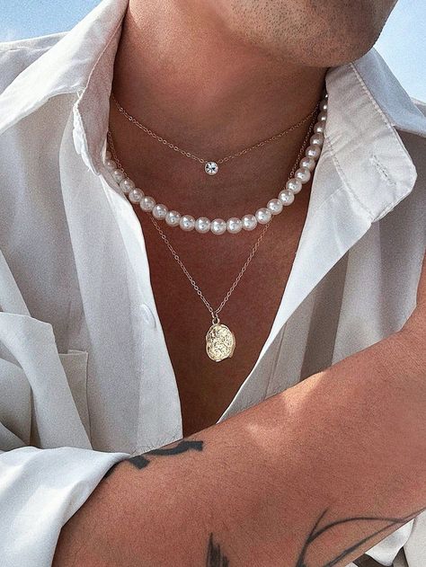 Stunning men's necklace set featuring a 3D diamond and pearl design. Perfect for a special occasion or everyday wear.

#mensjewelry #necklace #diamond #pearl #giftforhim https://whispers-in-the-wind.com/discover-the-latest-mens-accessory-trends-for-2024/?vintage-bohemian-vacation-style-metal-mermaid-tail-shell-pendant-necklace Pearl Necklace Men, Body Necklace Chain, Pearl And Diamond Necklace, Coin Pendant Necklace, Mens Jewelry Necklace, Round Pendant Necklace, Estilo Hip Hop, Unique Jewelry Designs, Pearl Pendant Necklace