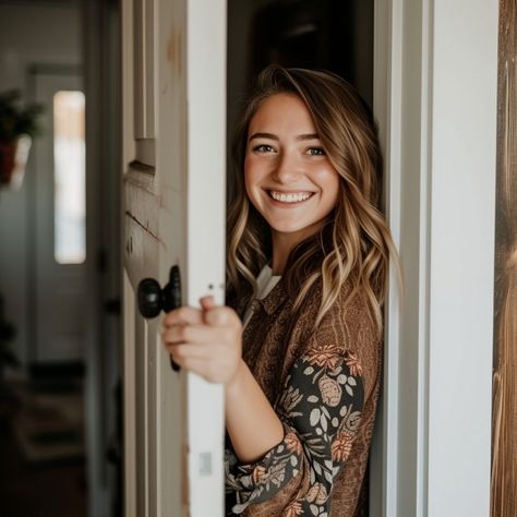 Welcoming Open Door: A joyful young woman with a bright smile greeting from behind an open white door. #smiling #woman #door #greeting #cheerful #aiart #aiphoto #stockcake ⬇️ Download and 📝 Prompt 👉 https://ayr.app/l/m7bt Doorway Poses, Business Portraits Woman, Door Images, Door Picture, Smiling Woman, White Door, Portrait Woman, Open Door, Business Portrait