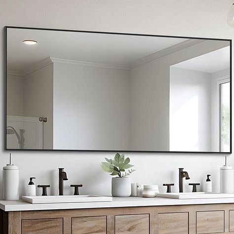 Amazon.com: DESBING Black Bathroom Mirror for Wall, 30x60 Inch Rectangle Mirrors with Metal Frame, Modern Vanity Wall Mirror Decor for Entryway Hangs, Bathroom Living Room Horizontal or Vertical : Home & Kitchen Large Rectangular Mirror Bathroom, Large Mirror Over Double Vanity, Bathroom Mirror Black Frame, Wide Mirror Bathroom, Big Mirror Bathroom, Double Sink Bathroom Ideas Decor, Bathroom Mirror Ideas Double Sink, Rectangular Mirror Bathroom, Large Bathroom Mirror Ideas