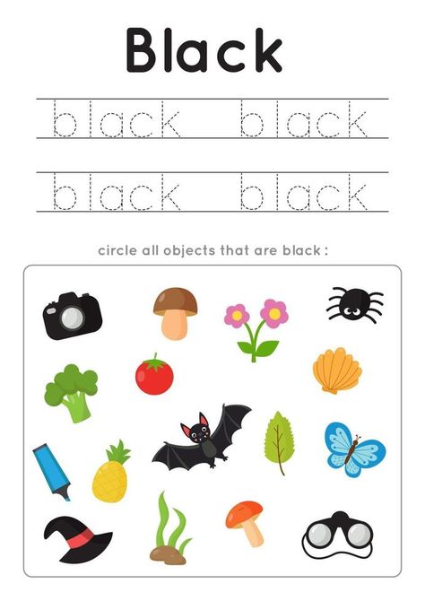 Learning black color for preschool kids. Writing practice. Color For Preschool, Kids Writing Practice, Writing Practice For Kids, Learning Colors For Kids, Spelling Games For Kids, Educational Games For Preschoolers, Preschool Color Activities, Color Worksheets For Preschool, Kids Handwriting Practice