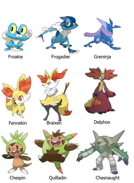 The final evolutions of the Kalos starters. Greninja, WATER/DARK-type, Delphox, FIRE/PSYCHIC-type, and Chesnaught, GRASS/FIGHTING-type. These have not been confirmed by Nintendo but have been leaked by several people who got the game early. Pokemon Starter Evolutions, New Pokemon Starters, 3ds Nintendo, Pokemon Kalos, Pokemon X And Y, Pokemon Nintendo, Pokemon Starters, Mega Pokemon, Pokemon Pokedex