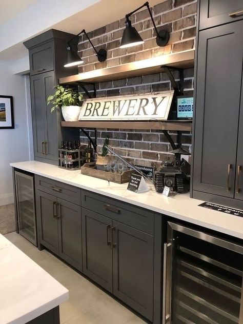 Basement Bar Designs Farmhouse, Coffee And Wet Bar Combo, Manly Kitchen Ideas, Modern Rustic Basement Bar, Black Light Switches In House, Modern Farmhouse Basement Bar, Klearvue Kitchen, Basement Music Room Ideas, Gameroom Bars