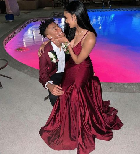 Red Couple Outfits Matching, Red Formal Couple Outfit, Wine Prom Dress Couple, Hoco Couples Black, Match Prom Outfits, Dark Red And Black Prom Couple, Matching Prom Dress And Suit, Light Skin Prom Dress, Prom Red Couple