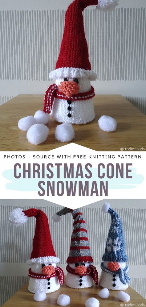 Christmas Toy Knitting Patterns, Quick Knitting Projects, Christmas Knitting Projects, Knitted Christmas Decorations, Christmas Knitting Patterns Free, Small Snowman, Christmas Cones, Knitted Toys Free Patterns, Crochet Snowman