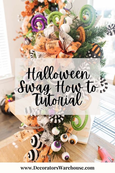 Cute and Whimsical Halloween Swag Tutorial | Decorator's Warehouse | Having guest over this Halloween? Make a great first impression with this quick and easy Halloween swag! Learn how to make it here with step by step photos. Everything you need on our blog! #HalloweenCraft #HalloweenSwag #HalloweenDecor How To Make Swag Wreath, Halloween Swag Diy, How To Make A Swag, Easy Halloween Garland, How To Make A Halloween Wreath, Halloween Greenery, How To Make A Swag Wreath Step By Step, Yardstick Door Swag Diy, How To Make A Swag Wreath