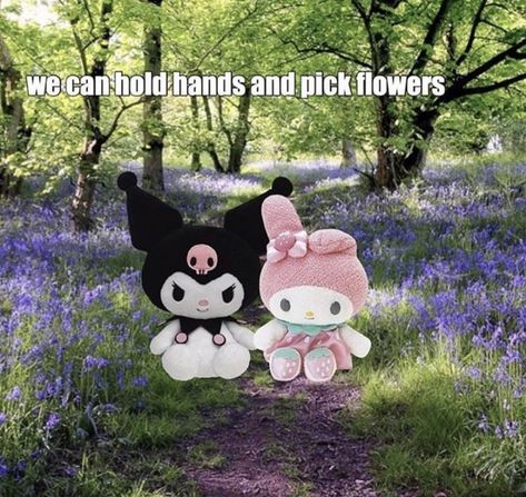 Cottagecore Gf And Goth Gf, Sanrio Gf Emo Bf, Sanrio Memes, My Melody And Kuromi, Melody And Kuromi, Pick Flowers, Me And Bae, Hold Hands, I Love My Girlfriend