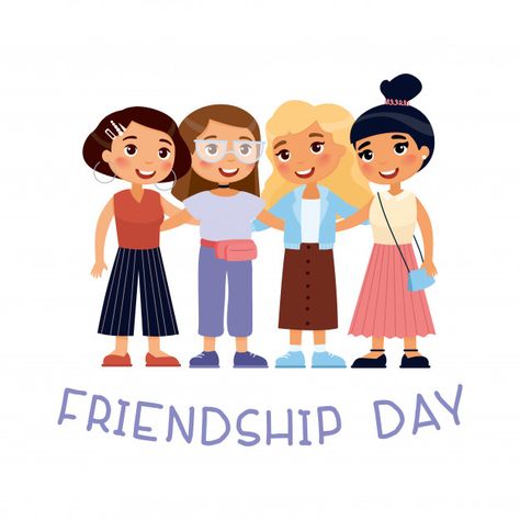 Happy friendship day. four young cute girls hugging. funny cartoon character with typography. concept of female friendship. illustration isolated on white background | Premium Vector 4 Friends Illustration, 4 Cartoon Friends, Friends Hugging, 4 Friends, Funny Cartoon Characters, Friends Illustration, Female Cartoon Characters, Female Friendship, African Children