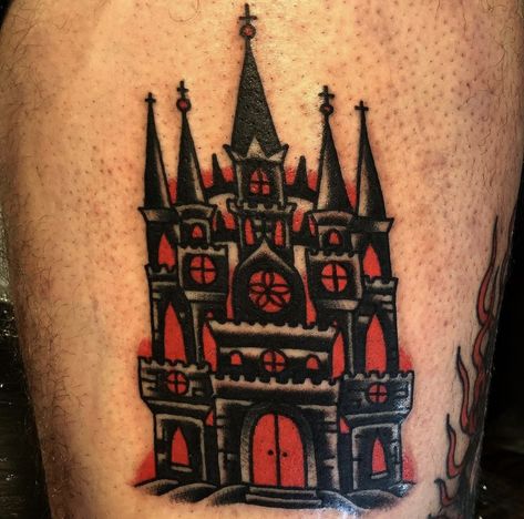 Red And Black American Traditional, American Traditional Haunted House Tattoo, Goth Shin Tattoo, Horror American Traditional Tattoo, American Traditional Gothic Tattoos, Gothic American Traditional, Traditional Gothic Tattoo, Gothic American Traditional Tattoo, American Traditional Halloween Tattoo