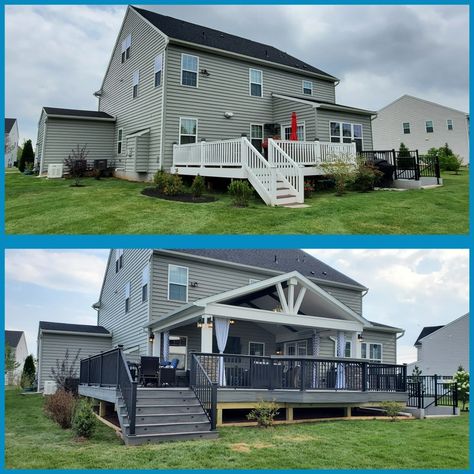 Two Level Covered Deck Ideas, Cover Deck Ideas On A Budget, Cover Existing Deck, Covered Patio Before And After, Back Deck Oasis Ideas, Deck Half Covered, Trex Deck Ideas Covered Patios, Two Story Covered Deck, Outdoor Kitchen On Trex Deck