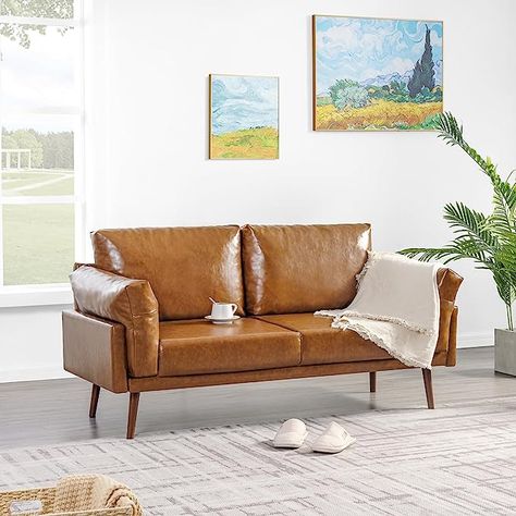 Small Couch In Bedroom, Brown Loveseat, Faux Leather Couch, Mid Century Modern Loveseat, Leather Sofa Couch, Small Couch, Bedroom Couch, Sofas For Small Spaces, Faux Leather Sofa