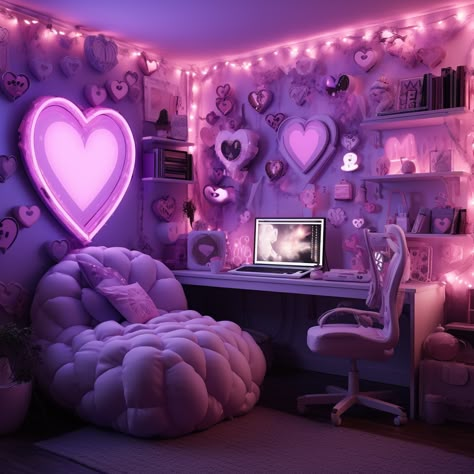 Lavender Gamer Aesthetic, Pink Purple Room Aesthetic, Violet Room Aesthetic, Purple Y2k Bedroom, Purple Y2k Room, Y2k Set Design, Pink And Purple Room Ideas Girly, Egirl Room Ideas, Dark Kawaii Room