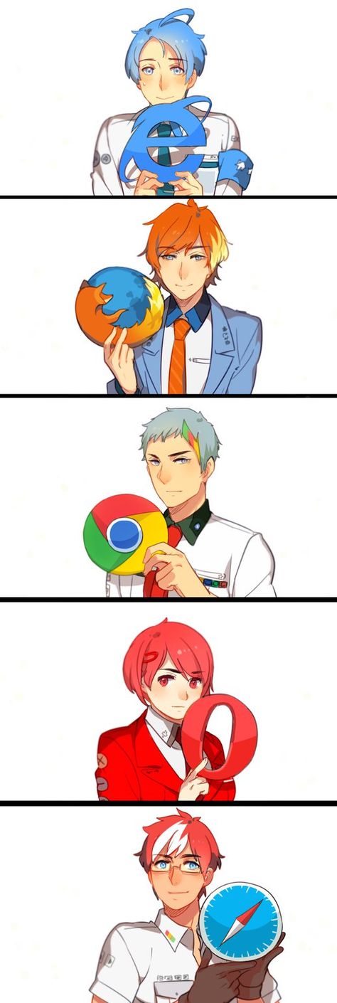 From an IE-kun ask on tumblr ((Human head version))The top 5 browsers and their order of release~ Chrome is the youngest haha see more here: rosel-d.deviantart.com/gallery… Animation Disney, Anime Version, Harry Potter Anime, Anime Boys, 그림 그리기, Animation Art, Anime Style, Anime Memes, Manga Art