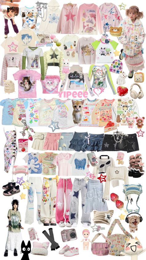 not sure what this aesthetic is called but i adore it smm!!🍓 #cats #y2k #fashion #aesthetic #harajuku #chinesey2k #stars #cute #cutecore #kawaii #mezzopiano #strawberries #silly #rillakuma #catclothes #cattshirt #crochet #accessories Retro Moodboard, Y2k Fashion Aesthetic, Kawaii Outfit Ideas, Silly Clothes, Estilo Harajuku, Aesthetic Outfit Ideas, Funky Outfits, Style Change, Outfit Maker