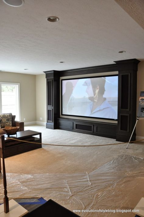 Tv Media Room Ideas, Tv Wall Without Built Ins, Tv Room In Basement, Home Theater Built In, Media Room Design Ideas, Basement Tv Built In, Tv Wall Basement, Large Tv Room, Basement Tv Area