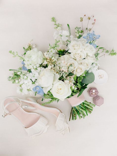 Summer Wedding Bouquet in in white and pale blue | Favorite Floral Moments from 2023 | goldandbloom.com Small Blue Bridal Bouquet, Blue And White Wedding Bouquets, Blue And White Bridesmaid Bouquet, Pale Blue Wedding Theme, Josie Wedding, Bridal Bouquet Green, Cream Bridal Bouquet, Blue Bouquets, Blue Bridal Bouquet