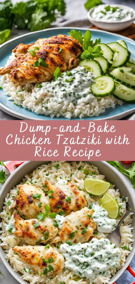 Dump-and-Bake Chicken Tzatziki with Rice Recipe | Cheff Recipes Recipes That Use Tzatziki Sauce, Meals To Eat With Rice, Low Effort Recipes, Chicken And Rice Recipes High Protein, Healthy Dinners For The Week, Recipes With Taziki Sauce, Greek Chicken With Rice, Taziki Rice Recipe, Clean Eating Rice Recipes