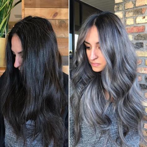 Lowlights On Grey Hair, Black Hair Going Grey, Blonde Highlights For Brunettes, Hair Going Grey, Dirty Blonde Highlights, Blonde Hair For Brunettes, Brunette With Blonde Highlights, Lady Locks, Dark Grey Hair