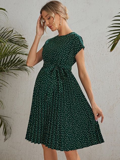 SHEIN Maternity Self Belted Polka Dot Pleated Dress | SHEIN USA Maternity Office Wear, Casual Maternity Outfits, Navy Maternity Dress, Summer Maternity Fashion, Cute Maternity Dresses, Maternity Work Clothes, Maternity Clothes Summer, Shein Maternity, Maternity Dresses Summer