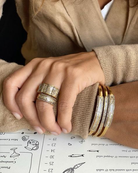 Shana Gulati Jewelry on Instagram: “Pensive mood. Planning. Projecting. Mostly Procrastinating 🤫🙈💋 . . . #2021goals #lookingahead #newideas #bangles #stacksarethenewblack…” Diamond Slice Rings, Faberge Jewelry, Wrist Jewelry, Fashion And Beauty Tips, Diamond Mosaic, Classy Jewelry, Vermeil Jewelry, Uncut Diamond, Everyday Accessories