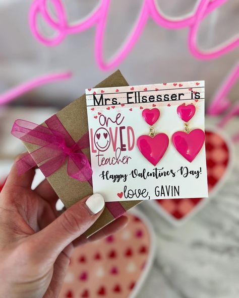 Earrings Card, Teacher Notepad, Teacher Valentine Gifts, Pink Pencil, Box Ribbon, Love Teacher, Charlotte North Carolina, Heart Dangle Earrings, Personalized Valentines