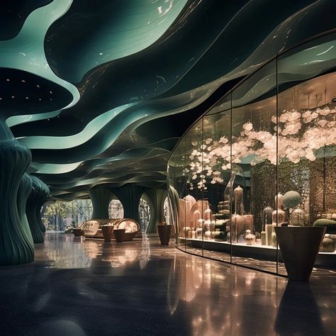 Water Ceiling Design, Luxury Hotels Lobby, Culture Center, Hotel Concept, Restaurant Concept, Reception Design, Boho House, Curve Design, Futuristic Architecture