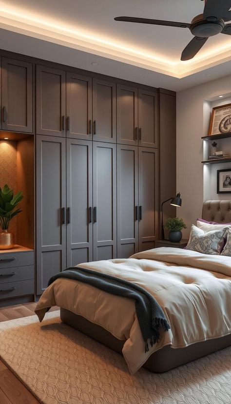 Cozy bedroom with stylish built-in wardrobes and warm lighting Bedroom Layout With Wardrobe, Built In Drawers Bedroom, Bedroom Tv Built In, Built In Dresser In Bedroom Master Suite, Bedroom Cabinet Ideas Built Ins, Built In Wardrobe With Tv, Built In Cabinets Bedroom, Bedroom With Built In Wardrobe, Built In Closet Wall Bedroom