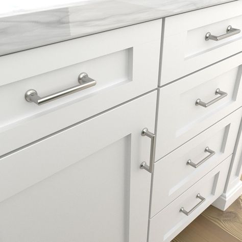 allen + roth Lowder 3-3/4-in (96Mm) Center to Center Satin Nickel Rectangular Bar Drawer Pulls (6-Pack) Lowes.com Brushed Silver Kitchen Hardware, Brushed Nickel Hardware Kitchen Cabinets, Cabinet Handles For White Cabinets, Kitchen Cabinet Handle Placement, White Kitchen Silver Hardware, Nickel Hardware Kitchen, Brushed Nickel Hardware Kitchen, Cabinet Pulls For White Cabinets, Shaker Cabinet Hardware