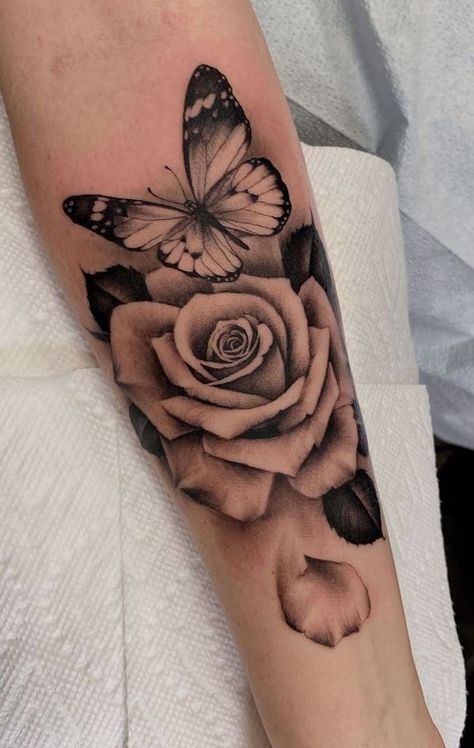 Rose And Butterfly Tattoo, Rose Tattoos For Women, Butterfly Tattoos For Women, Forarm Tattoos, Butterfly Tattoos, Stylist Tattoos, Shoulder Tattoos For Women, Butterfly Tattoo Designs, Rose Tattoo Design