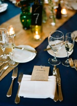 Burlap Table Runner & navy table from Elizabeth Anne Designs Mirror Glaze Wedding Cake, Navy Tablecloth, Gold Place Setting, Navy Blue And Gold Wedding, Navy Table, Gold Table Runners, Gold Wedding Colors, Gold Bridesmaid Dresses, Simple Invitation