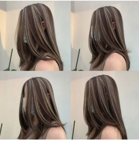 Hair Colors With Brown Hair, Milky Brown Hair With Highlights, Underbleach Hair, Korean Balayage Hair, Highlights Skunk, Asian Highlights Hair, Ashy Babylights On Dark Hair, Korean Hair Dye, Long To Short Haircut