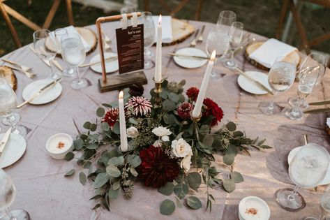 Boho Chic Fall Wedding at Chatfield Hollow Inn Eucalyptus Fall Wedding Table Decor, Burgundy Eucalyptus Wedding, Burgundy Dahlia Centerpiece, Romantic Round Table Setting Wedding, Burgundy Rustic Wedding Centerpieces, Rustic Burgundy Wedding Centerpieces, Eucalyptus And Burgundy Wedding, Burgundy Wedding Decorations Receptions, Fall Candle Centerpieces For Table