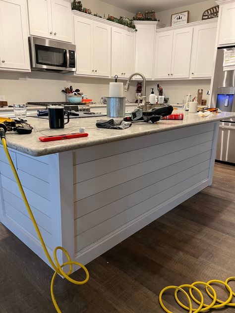 Nail the Look: DIY Shiplap Kitchen Island Tutorial & Tips. This shiplap kitchen island makeover made a huge difference in this kitchen. Not only did the shiplap look bring out the kitchen island as a centerpiece, the dark accent color added so much dimension. It's a DIY home decor idea that I'm pleased to share with you! Follow my kitchen makeover here #kitchen #kitchenmakeover #DIYmakeover #DIYkitchen #kitchenisland Shiplap Kitchen Island, Shiplap Bar, Kitchen Island Trim, Island Makeover, Remodel Hacks, Kitchen Island Makeover, Shiplap Kitchen, Kitchen Storage Hacks, Diy Shiplap