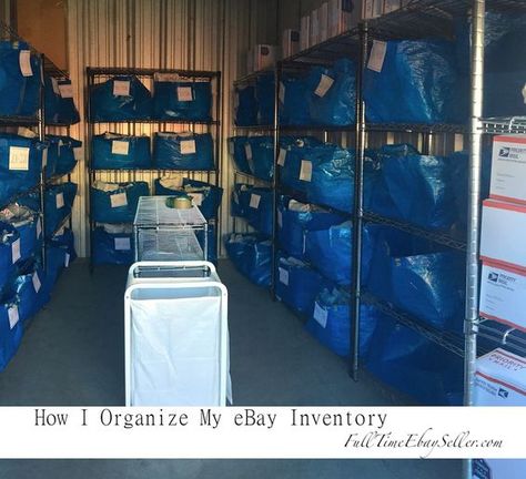 How I Organize My eBay Inventory: using Ikea blue bags and a numbered system: Inventory Storage Ideas, Ebay Inventory Organization, Small Storage Unit, Ebay Office, Inventory Organization, Organization Shelves, Inventory Storage, Ebay Selling Tips, Storage Unit Organization