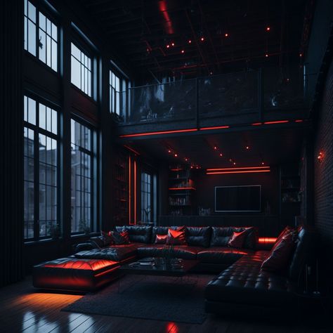 #luxury #instagood #interiordesigner #designer #style #interiordecor #o #livingroom Black And Red House Interior Design, Gothic Penthouse, Dark Loft Apartment, Led Penthouse, Building Bloxburg, Black Luxury House, Dark House Aesthetic, Dope Rooms, Penthouse Bedroom