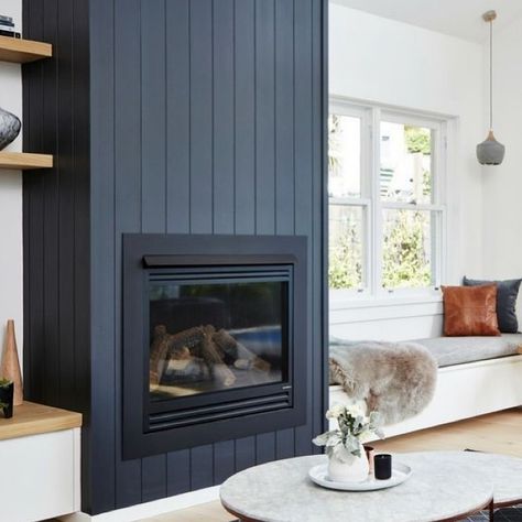 Vertical navy ship lap and a bench seat with fur. What else could one need? I love @officialmetrie pre fab shiplap, its crisp and clean and… Shiplap Fireplace, Design Blogs, Fireplace Remodel, Home Fireplace, Ship Lap Walls, Living Room With Fireplace, Fireplace Design, Style At Home, A Living Room