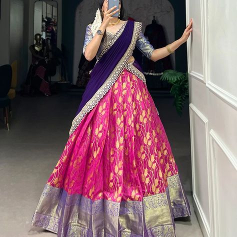 *🌷Price : 1749+ship. Dm for order whatsup 8309874411 or Dm to @hansicollections inbox Lehenga choli🌷* Enchanting Elegance: Jacquard Silk Lehenga Choli Featuring a Coordinated Jacquard Silk Blouse and a Georgette Dupatta Adorned with Sequins, Thread Embroidery, and a Delicate Lace Border 🌿 *Lehenga (Stitched)* Lehenga Fabric : Jacquard Silk Lehenga Work : Zari weaving work Lehenga Waist : SUPPORTED UP TO 42 Lehenga Stitching : Stitch with Canvas Lehenga closer: Drawstring with Zip Leng... Wedding Chaniya Choli, Sequins Lehenga, Silk Lehenga Choli, Half Saree Lehenga, Yellow Lehenga, Stitched Lehenga, Work Lehenga, Georgette Dupatta, Half Saree Designs