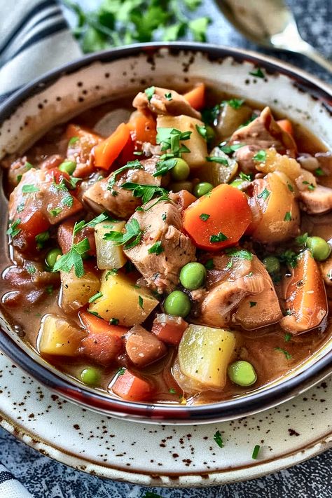 Warm up with this Hearty Chicken and Vegetable Stew! Packed with tender chicken, fresh veggies, and flavorful herbs, it's the perfect comfort dish. #ChickenStew #ComfortFood #HealthyEating #EasyRecipes #WinterMeals Chicken Vegetable Stew Crockpot, Chicken Veggie Stew, Chicken And Barley Stew, Hearty Chicken And Vegetable Stew, Warm Healthy Meals, Vegetable Stew Crockpot, Vegtable Stew, Healthy Winter Dinner Recipes, Chicken And Vegetable Stew