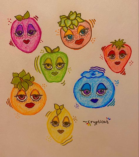 Fruit With Faces Drawings, Indie Aesthetic Art, Fruit With Faces, Drawing Rainbow, Weird Fruit, Fruit Sketch, Funky Fruit, Fruit Drawing, Weird Drawings