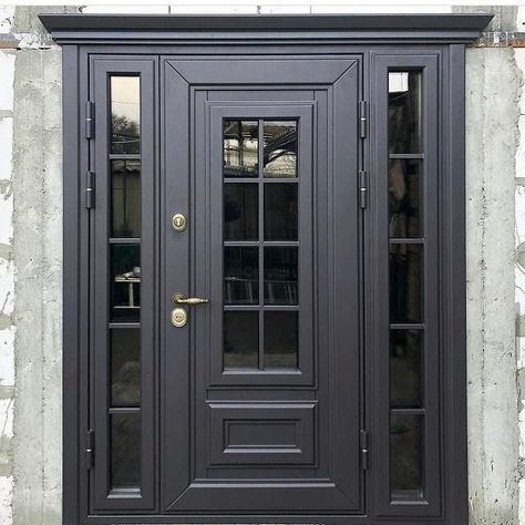 Door designing ideas Glass Entrance Doors, Black Exterior Doors, Metal Doors Exterior, Entry Door Designs, Flush Door Design, House Front Door Design, Grill Gate Design, Metal Doors Design, Main Entrance Door Design