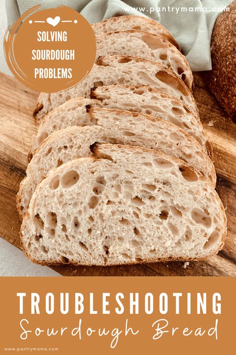 Troubleshooting sourdough bread problems - comprehensive guide to solving sourdough bread issues like a gummy crumb, pale crust etc. The Pantry Mama, Pantry Mama, Fermented Bread, Making Sourdough Bread, Chewy Bread, Sourdough Bread Starter, Sourdough Starter Discard Recipe, Bread Starter, Homemade Sourdough Bread