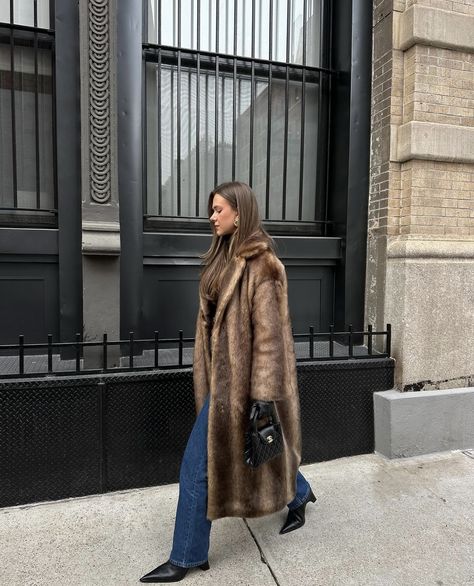 Winter Looks For Women Cold Weather, What To Wear In Nyc In December, Brown Fur Coat Outfit, Hanna Schonberg, Boston Aesthetic, Long Brown Coat, Coastal Cowgirl Aesthetic, Ig Poses, Brown Fur Coat