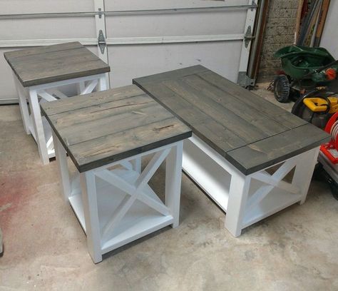 (paid link) Rounded DIY Coffee Tables. Bench Coffee Table Decor, Living Room End Tables Diy, Diy Coffee Table And End Tables, Diy Coffee Table And End Table Set, Living Room Table Diy, Farmhouse End Tables Living Room, Farm Style Coffee Table, Coffee Table End Table Set, Coffee Table And End Tables