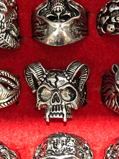 Heavy Metal Rings, Metal Head Jewelry, Metalhead Rings, Fat Goth, Goth Rings, Goth Ring, Horn Ring, Cowboy Aesthetic, Aesthetic Rings