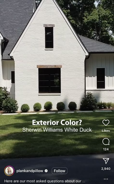 White Brick And Vinyl Exterior, White Duck Exterior House, White Vertical Siding Exterior Farmhouse, Duck White Exterior, Sherwin Williams White Duck Exterior, White Duck Sherwin Williams Exterior, Sherwin Williams White, Duck House, White Ducks