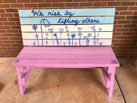 Buddy Bench Ideas, Friendship Bench Ideas, Buddy Bench Ideas Schools, Painted Park Bench Ideas, Friendship Bench, School Playground Painted Games, School Auction Class Projects, Classroom Auction Projects, Buddy Bench