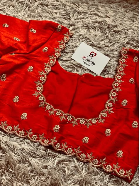 085 Red Zardosi Work Blouse Piece ( unstitched ) | A Art Studio Simple Wedding Blouse Designs, Simple Aari Work Blouse Design, Zardosi Work Blouse, Simple Aari Work Blouse, Blouse Design Aari Work, Blouse Designs Aari Work, Aari Work Blouse Design, Simple Aari Work, Blouse Maggam Work