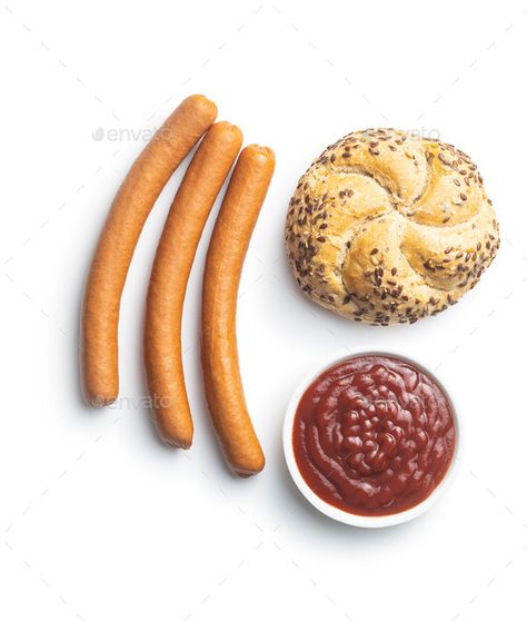 Fresh frankfurter sausages, ketchup and bun by jirkaejc. Fresh frankfurter sausages, ketchup and bun isolated on white background. #Sponsored #sausages, #ketchup, #Fresh, #frankfurter Frankfurt Sausage, Sausages, Top View, Ketchup, Street Food, Hot Dogs, Art Ideas, Graphic Art, White Background