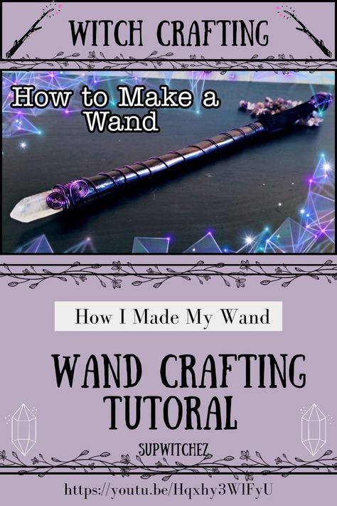 A spiral wire wrapped wand with a quartz point top and amethysts sphere bottom. The words say "wand crafting tutorial" Diy Wand With Crystal, How To Make A Witches Wand, Making Wands Diy, Diy Wand Witchcraft, Polymer Clay Wands Diy, Crystal Wands Diy How To Make, Diy Witch Wand, Diy Wand Wicca, How To Make A Wand