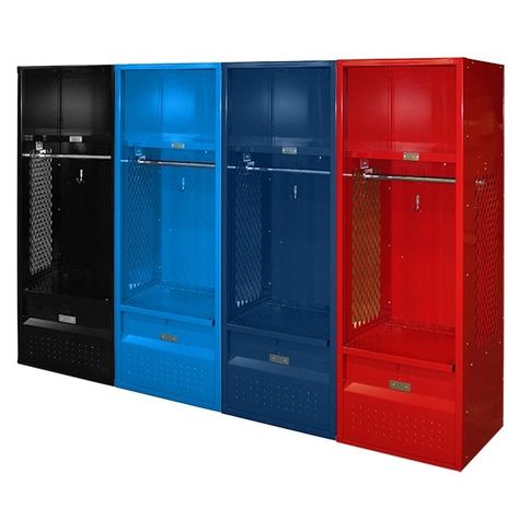 Kids Sports Stadium Lockers Main Locker Room Bedroom, Diy Lockers, Hockey Storage, Football Room, Kids Locker, Sports Bedroom, Sports Locker, Sports Storage, Vintage Lockers